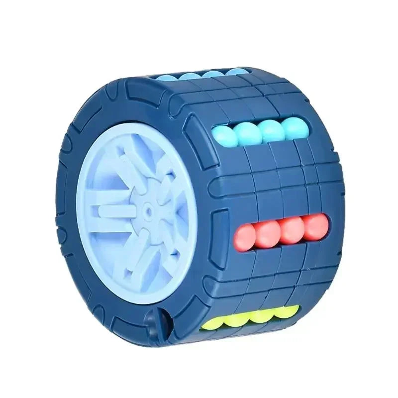 A blue 3D rotating slide puzzle cube with a transparent window and colored pegs.