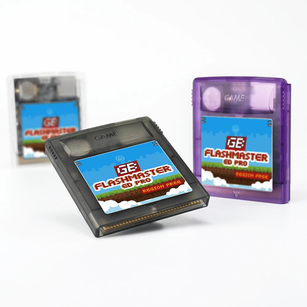 A black Game FlashMaster ED Pro cartridge is shown next to its purple plastic case.