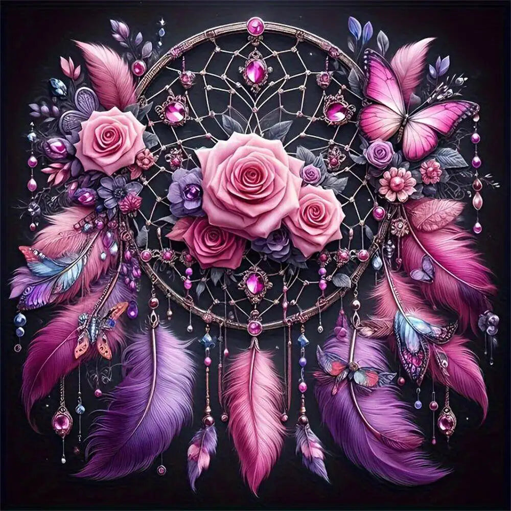 A detailed diamond art painting featuring a pink and purple butterfly surrounded by roses, feathers, and intricate geometric 