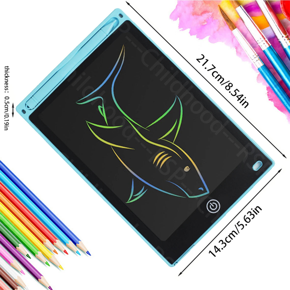 A blue 8.5-inch LCD writing tablet for kids showing a yellow fish drawing, next to colored pencils.