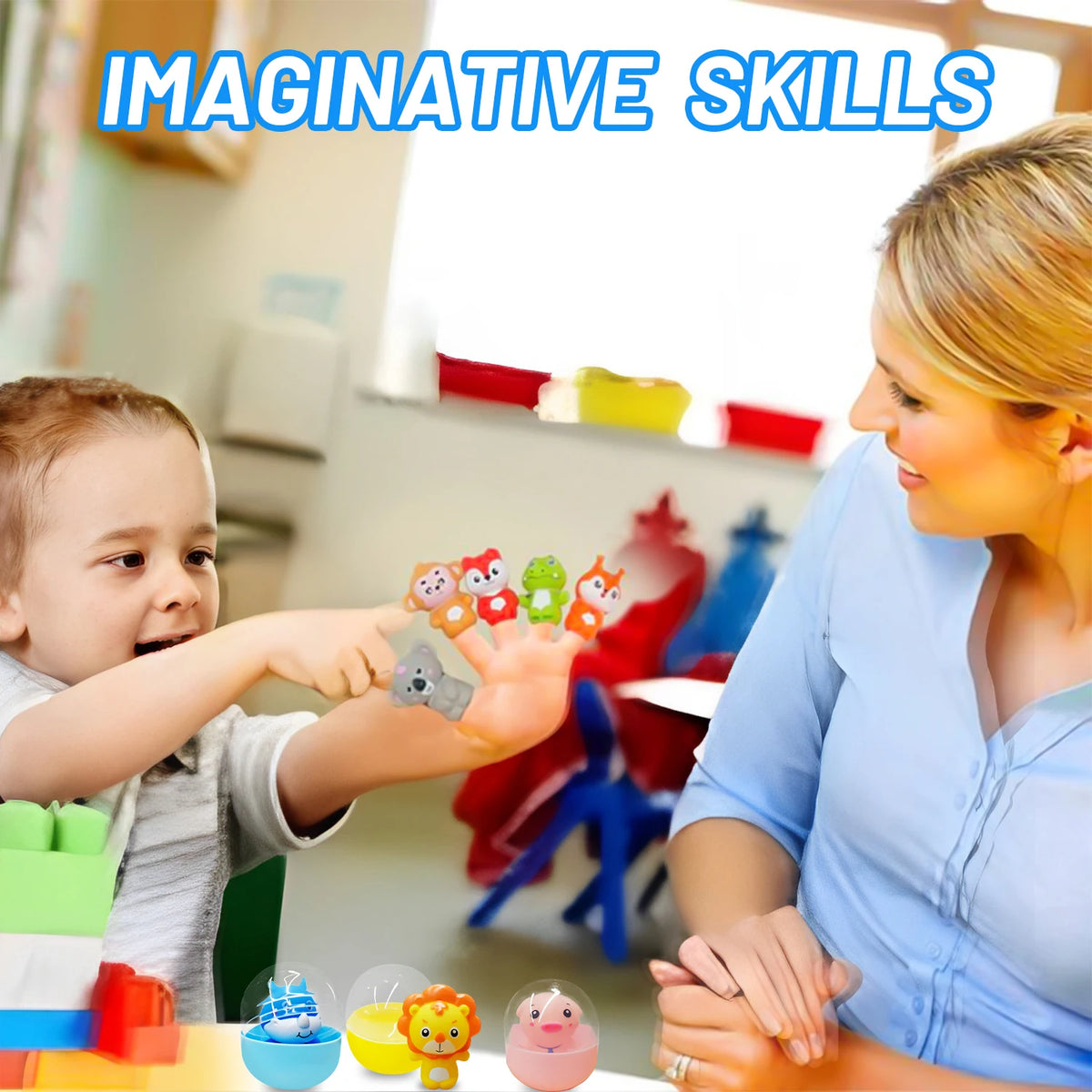 A young child is interacting with soft rubber animal finger puppets, demonstrating imaginative skills.