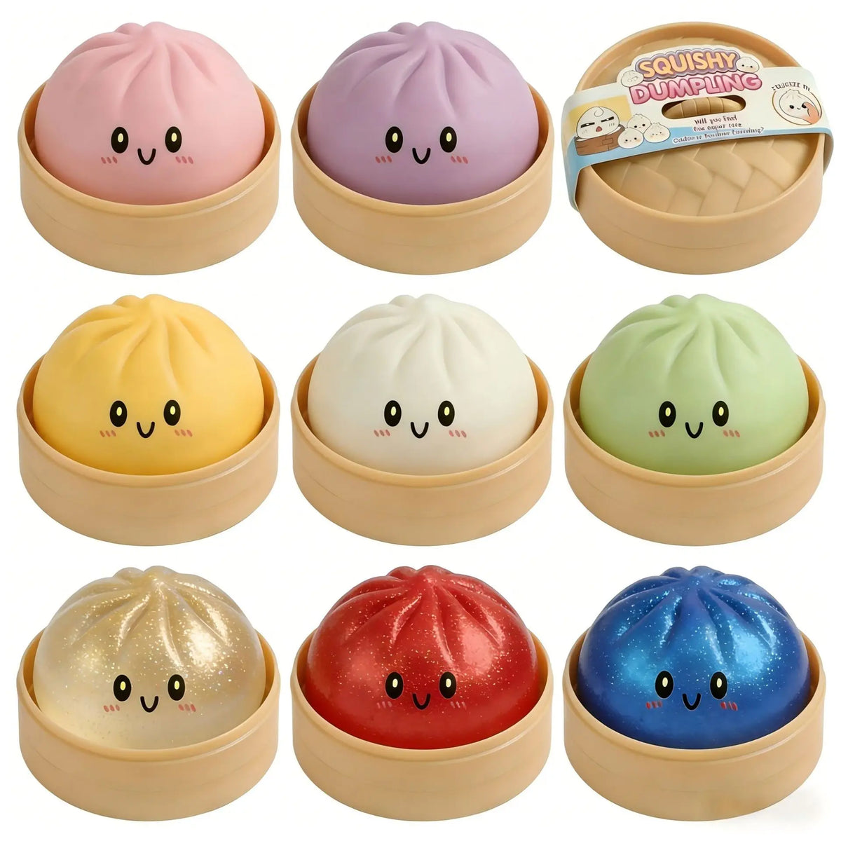 Eine Sammlung von zehn weichen Dumplings in verschiedenen Farben darunter rosa, lila, gelb, weiß, grün, rot und blau