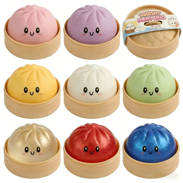 Une collection de dix boules squishy de différentes couleurs : rose, violet, jaune, blanc, vert, rouge et bleu