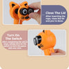 Instructions for using a glow-in-the-dark automatic cat toy, showing how to close the lid and turn on the switch.