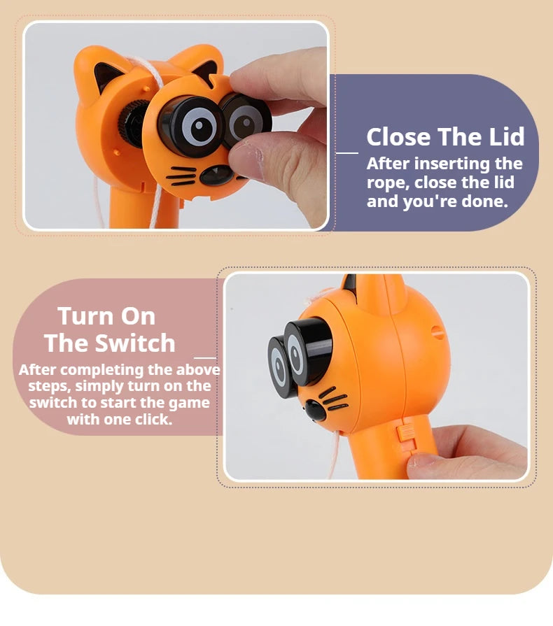 Instructions for using a glow-in-the-dark automatic cat toy, showing how to close the lid and turn on the switch.
