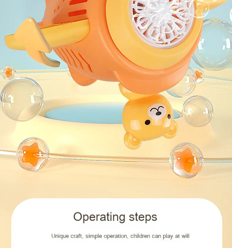 An orange bear-shaped automatic bubble gun is shown firing bubbles onto a surface.