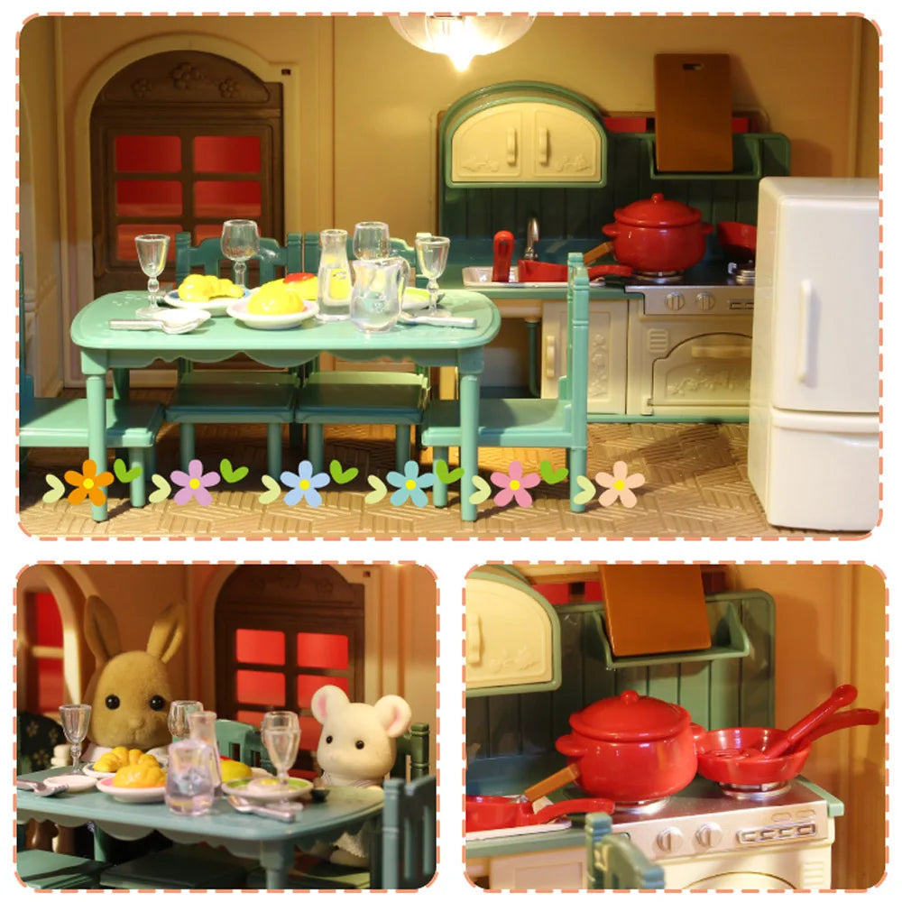 A miniature dollhouse set featuring a kitchen area with green cabinets, red pots, and wooden furniture.