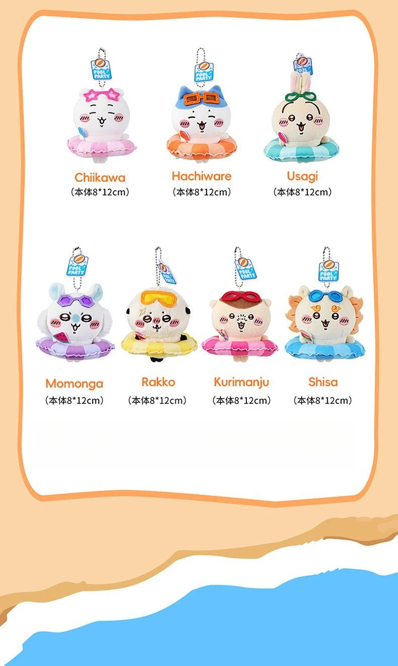 A collection of eight Chiikawa plush keychain charms featuring various characters like Hachiware, Usagi, Momonga, Rakko, Kuri