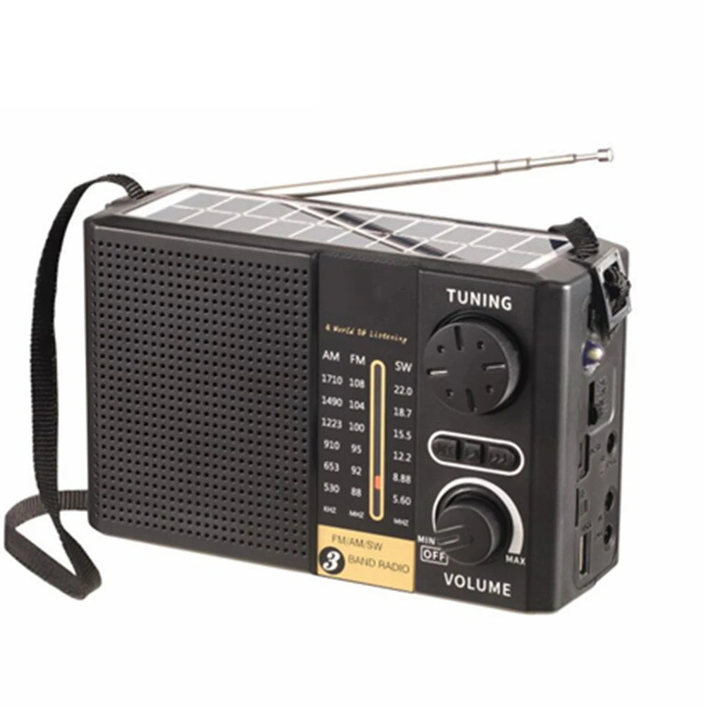 Black solar emergency radio with AM FM SW tuning dial and volume control
