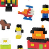 A collection of classic building blocks in various colors and shapes, including a red dinosaur, yellow block, and black piece
