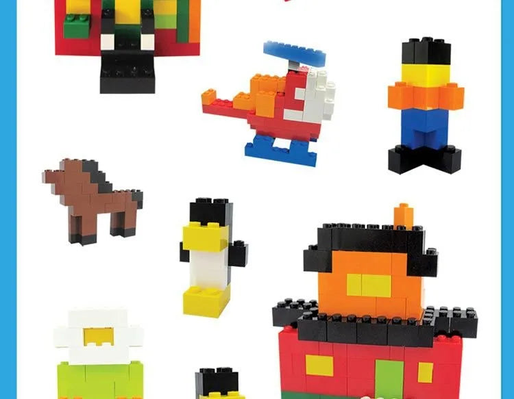A collection of classic building blocks in various colors and shapes, including a red dinosaur, yellow block, and black piece