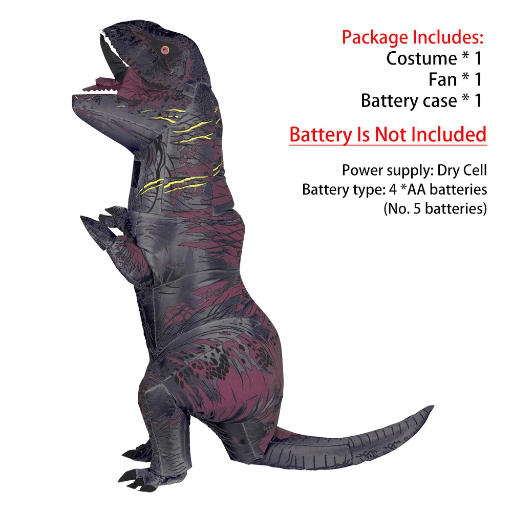 A dark gray inflatable Tyrannosaurus Rex costume with yellow accents, shown in a standing pose.