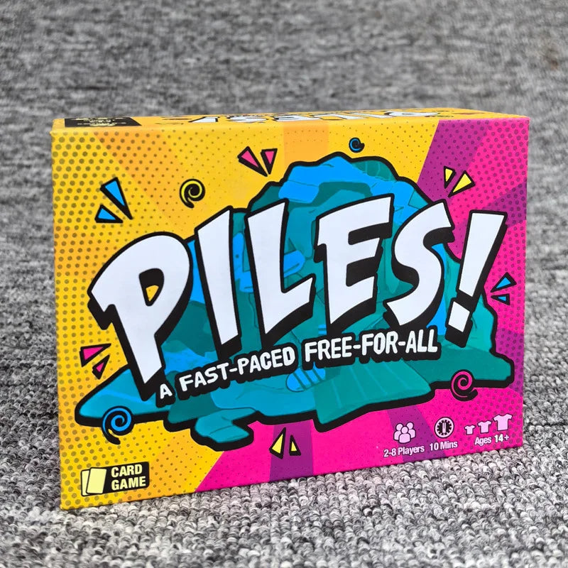 A box of piles fast-paced free-for-all card game featuring colorful graphics and text.