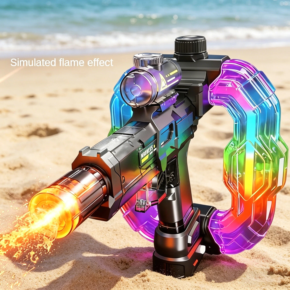 A futuristic electric water gun with a glowing purple and blue frame is shown on a sandy beach.