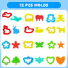 A set of 12 plastic molds for crafting and sculpting, including various animal shapes and tools.