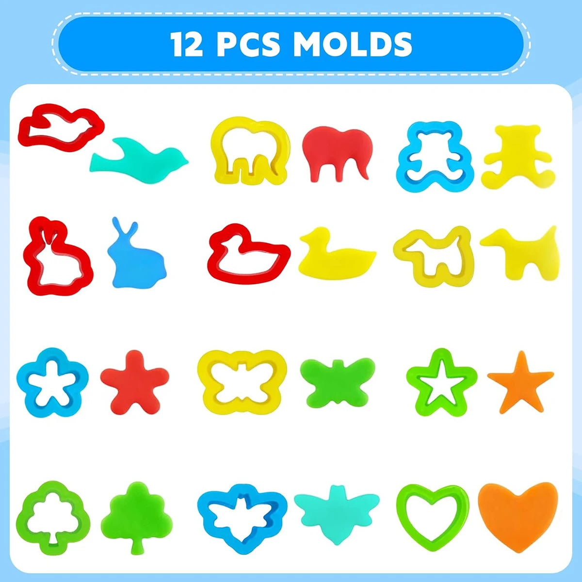 A set of 12 plastic molds for crafting and sculpting, including various animal shapes and tools.