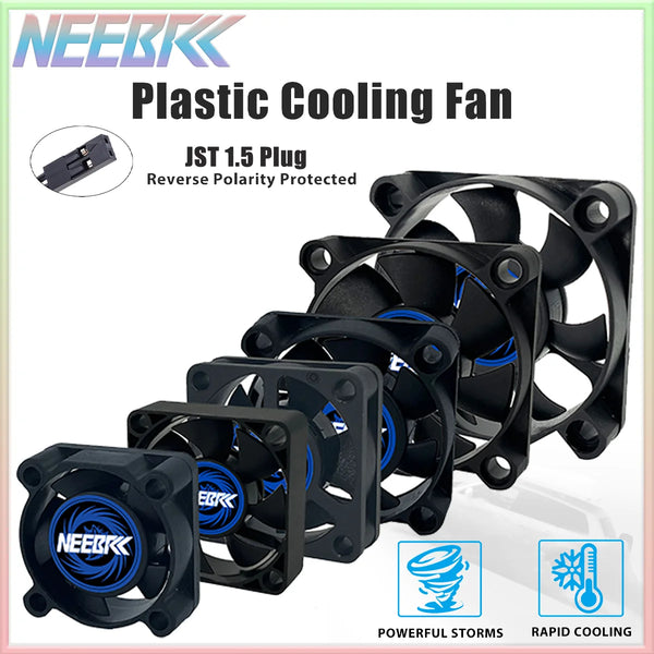 A collection of black plastic cooling fans with blue accents, featuring a JST 1.5 plug and designed for powerful storms and r