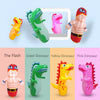 A set of inflatable dinosaur punching bag tumblers in pink, green, and yellow colors.
