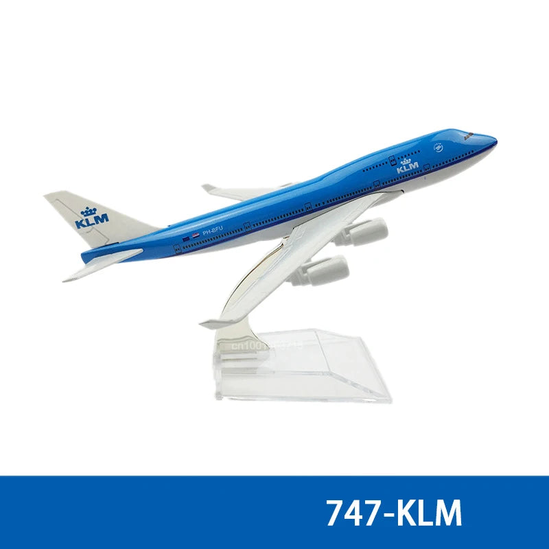 Diecast KLM Boeing airplane model in blue and white, viewed from the side.