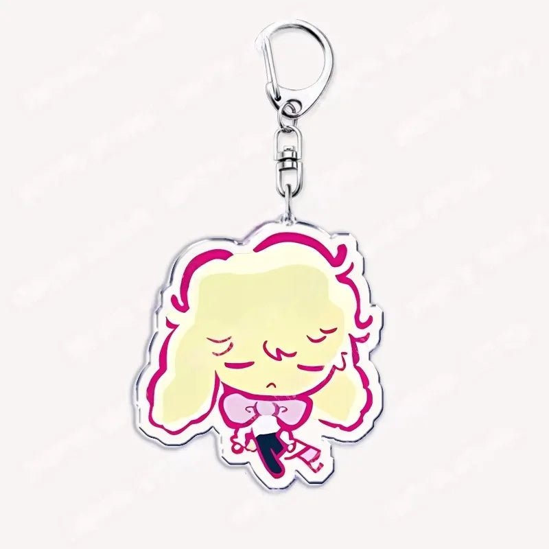Acrylic keychain featuring a chibi-style yellow-haired character with pink accents.