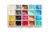A palette of 20 metal watercolor paints with pearl finish arranged in a grid.