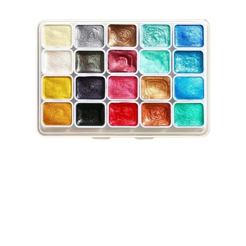 A palette of 20 metal watercolor paints with pearl finish arranged in a grid.