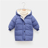 A light blue kids' padded parka jacket with a hood and beige lining hanging on a hanger.
