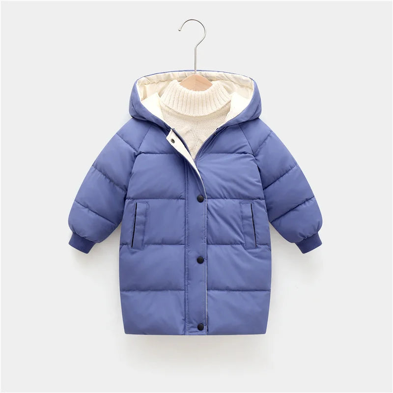 A light blue kids' padded parka jacket with a hood and beige lining hanging on a hanger.