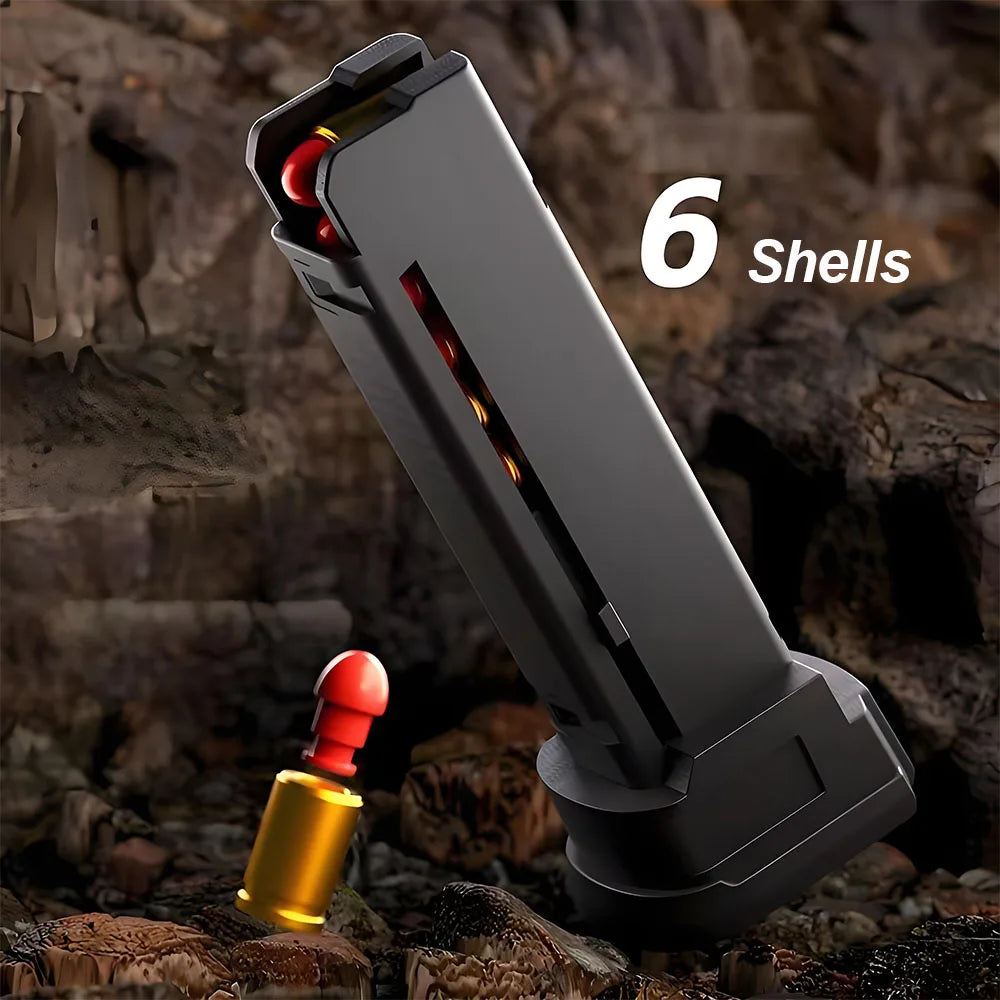 A black automatic shell-ejecting fidget pistol toy with six visible shells resting inside, set against a dark, rocky backgrou