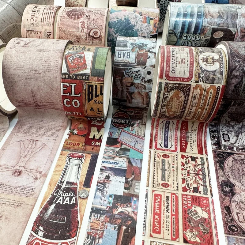 A collection of vintage washi tape rolls featuring various designs and textures for journaling and scrapbooking.