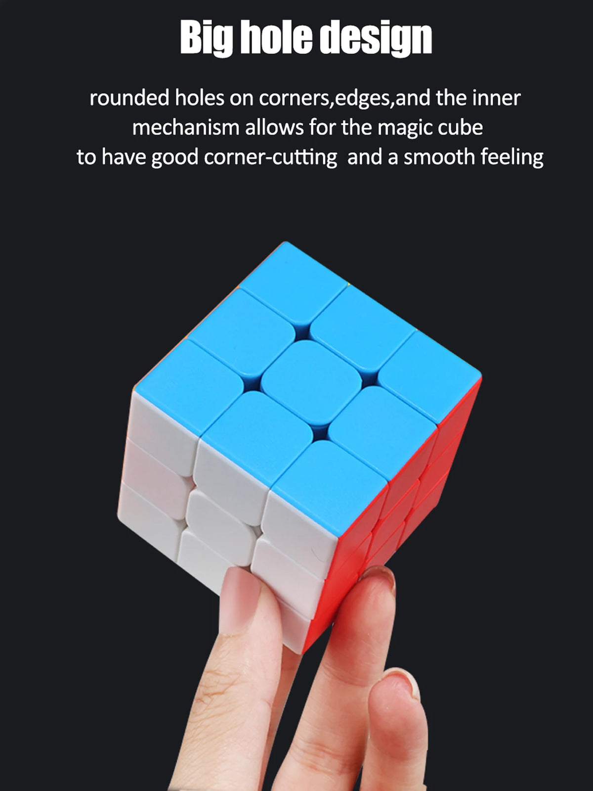 A hand holds a blue and white logic puzzle cube, demonstrating the big hole design.