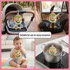 A baby pull-string sensory toy is shown in various contexts, including a stroller attachment and as a silicone teether in a p