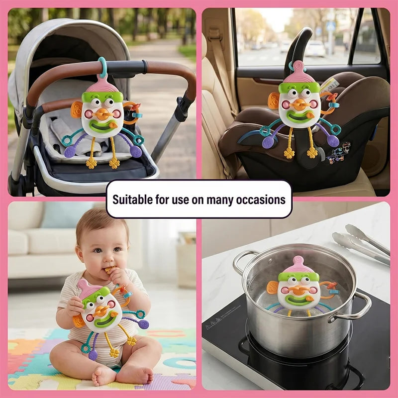 A baby pull-string sensory toy is shown in various contexts, including a stroller attachment and as a silicone teether in a p