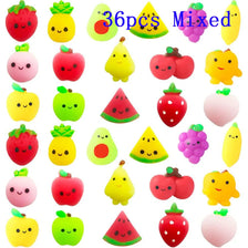 A collection of 36 mixed mini kawaii fruit and vegetable squishy toys in various colors like strawberry, lemon, avocado, and 