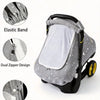 Gray baby stroller cover featuring an elastic band, dual zipper design, and fixed button closure.