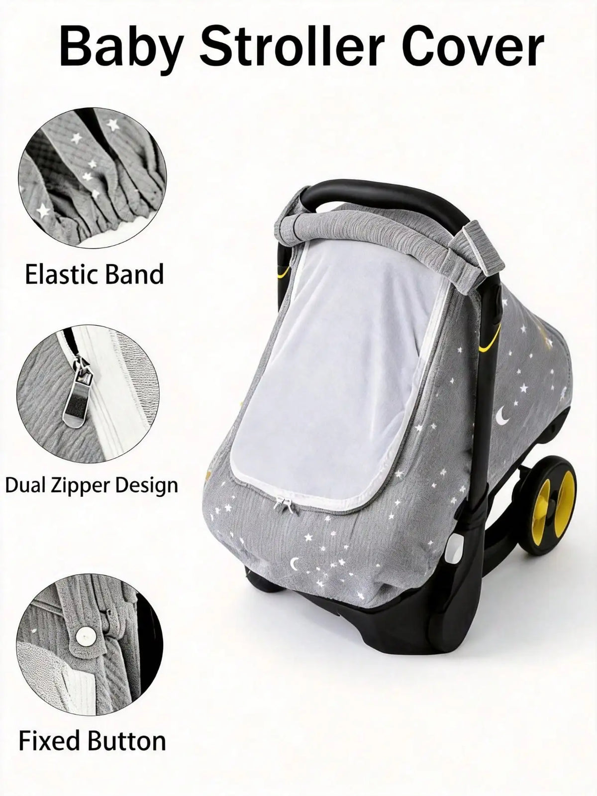 Gray baby stroller cover featuring an elastic band, dual zipper design, and fixed button closure.