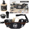 A black and gold kids pretend hair salon styling set with various tools like scissors combs and brushes.
