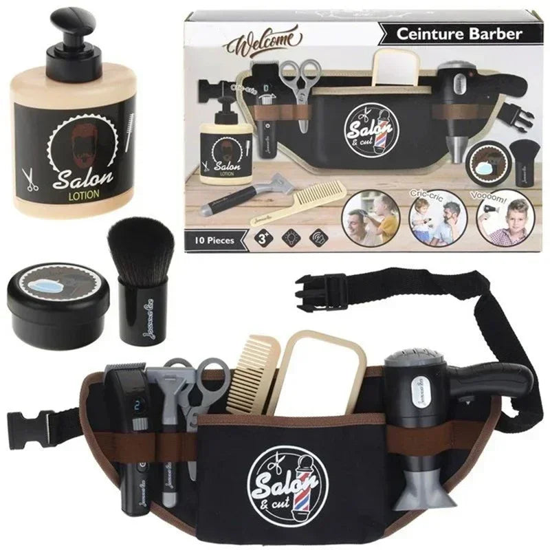 A black and gold kids pretend hair salon styling set with various tools like scissors combs and brushes.