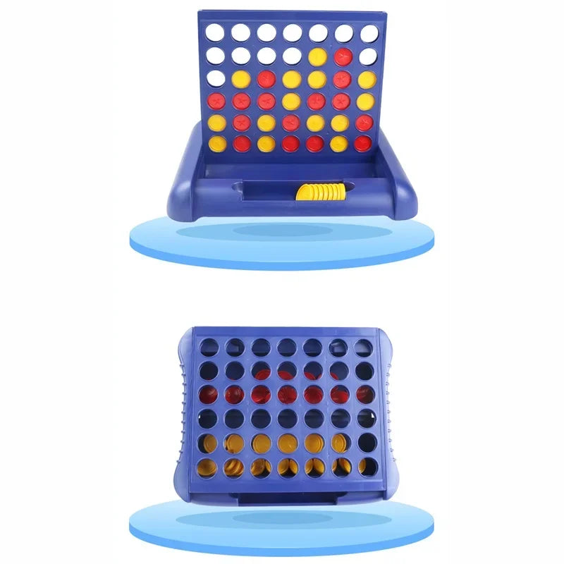 A blue foldable Connect 4 board game with colored plastic discs and a base.