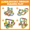 A set of colorful magnetic building blocks forming a 3D track for a train play.
