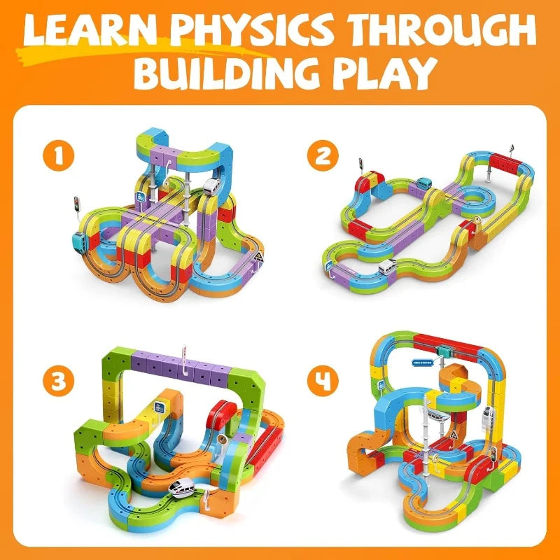A set of colorful magnetic building blocks forming a 3D track for a train play.