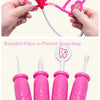 A pink kids pretend play doctor and nurse medical kit with a stethoscope shown in various forms.