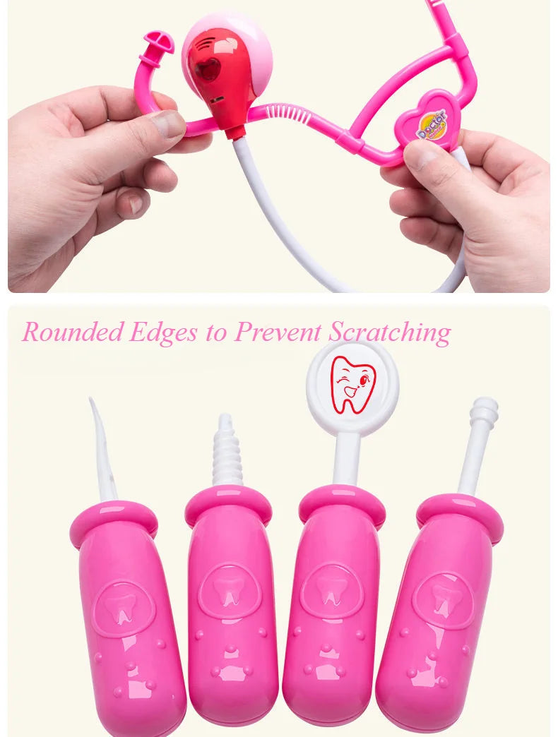 A pink kids pretend play doctor and nurse medical kit with a stethoscope shown in various forms.
