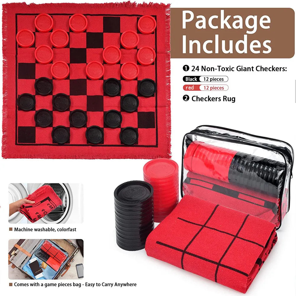 A red felt game rug for checkers and tic tac toe includes 24 non-toxic giant checkers, a storage box, and a game bag.