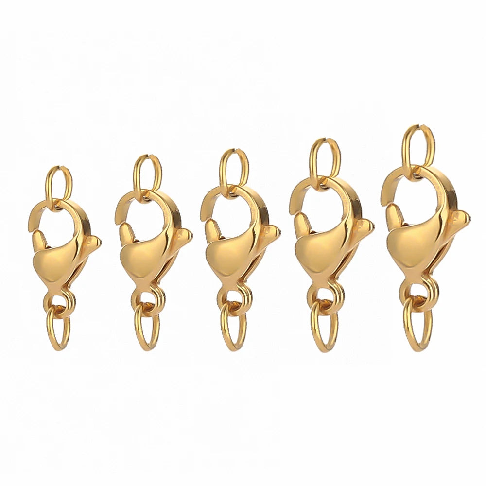 A set of gold-colored stainless steel lobster clasps and jewelry connectors.