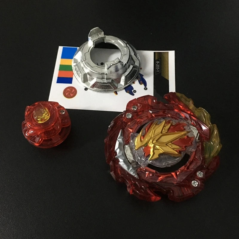 A red magnetic spinning top is shown next to a silver magnetic spinner and a white card.