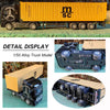 A detailed 1/50 scale diecast alloy truck model with an orange container, displayed alongside its box and components.