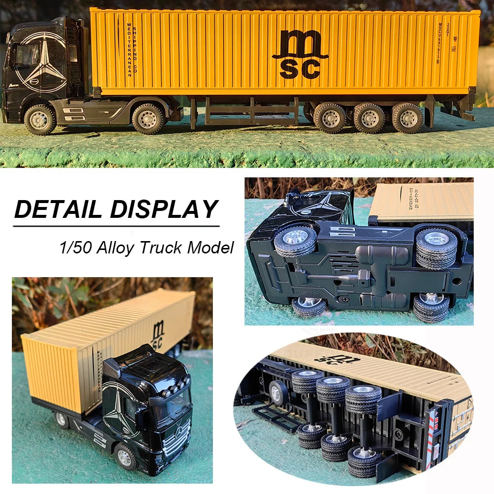 A detailed 1/50 scale diecast alloy truck model with an orange container, displayed alongside its box and components.