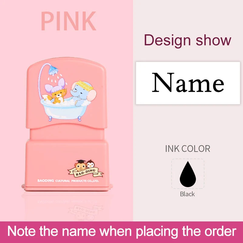 A pink waterproof labeling stamp featuring a bathtub design for custom kids names.