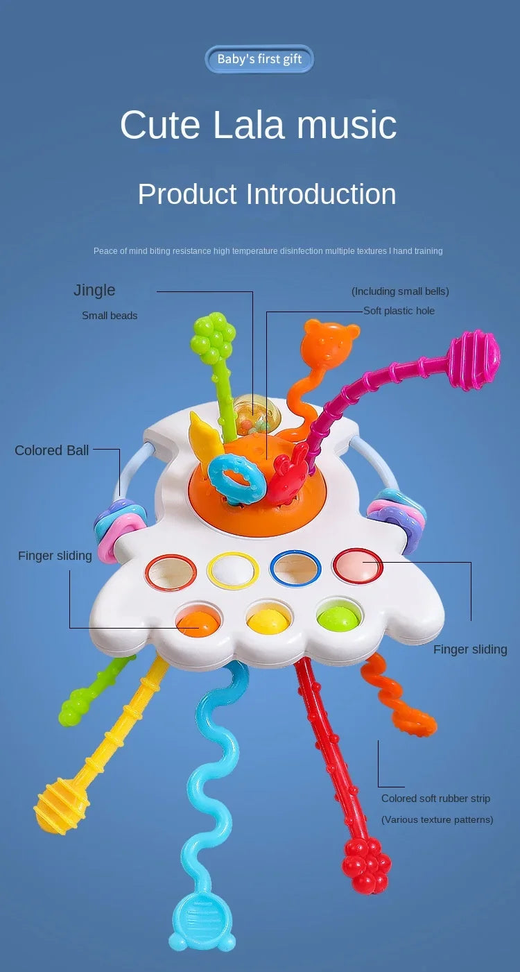 A colorful sensory pull string toy featuring various textures and balls for baby's first gift.